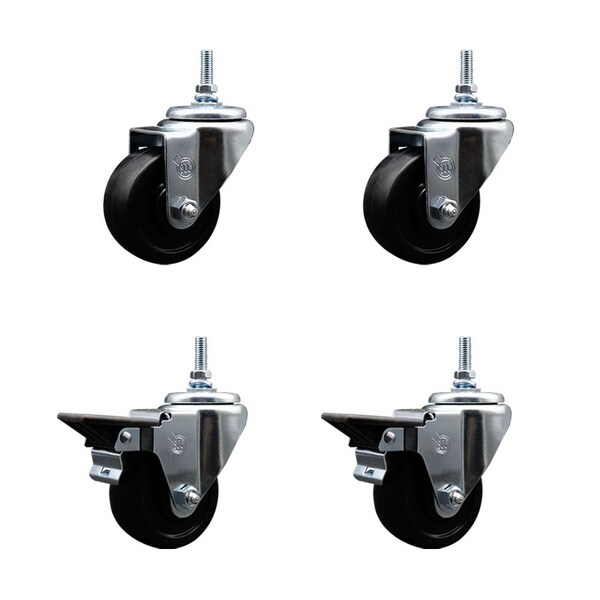 Service Caster 3 Inch Soft Rubber 38 Inch Threaded Stem Caster Set 2 Brakes SCC SCC-TS20S314-SRS-381615-2-PLB-2 - main